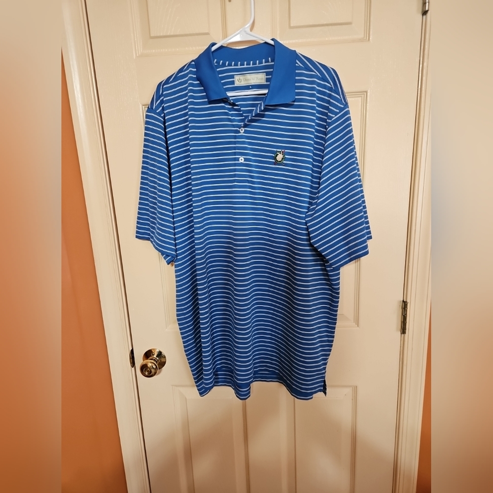 Mens Blue & White Striped Donald Ross Indian Head Short Sleeve Polo Size XL